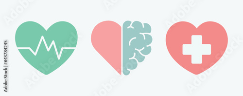 Medicine, mental health, brain, heart healthy. Heartbeat symbol. Doctor, medicinal, hospital. Vector, illustration, icon, set