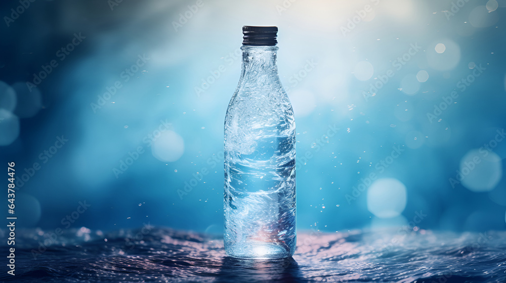 Mineral water. A plastic bottle in the middle and flying splashes and drops of water around a blue bokeh background. Mineral water. A plastic bottle in the middle and flying splashes and drops of water around a blue bokeh background.