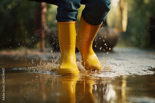 The legs of a child in yellow rubber boots jump over a puddle in the rain. Generative AI