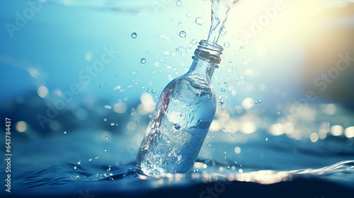 Mineral water. A plastic bottle in the middle and flying splashes and drops of water around a blue bokeh background.