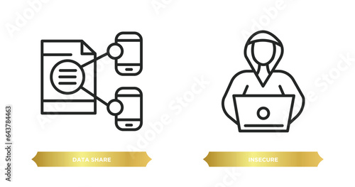 two editable outline icons from internet security concept. thin line icons such as data share, insecure vector.