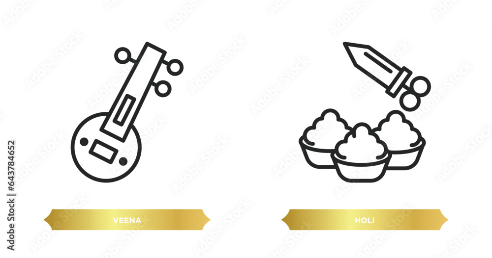 two editable outline icons from india and holi concept. thin line icons such as veena, holi vector. two editable outline icons from india and holi concept. thin line icons such as veena, holi vector.