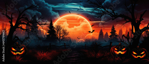 Halloween spooky background, scary jack o lantern pumpkins in creepy dark forest with bats, spooky trees and moon, Happy Haloween ghosts horror gothic mysterious night moonlight backdrop. © Synthetica