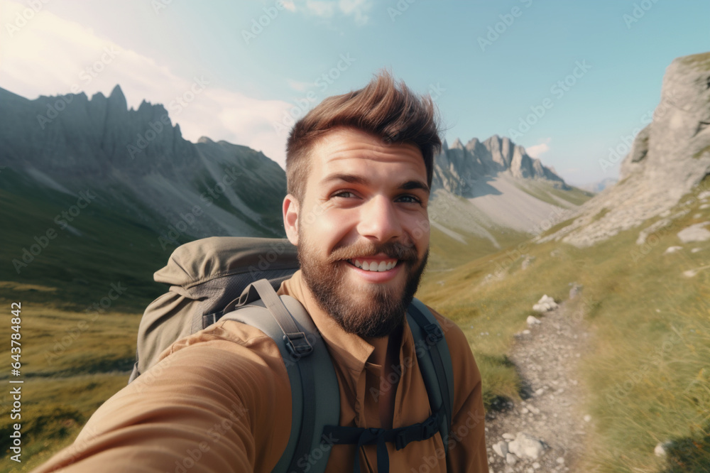 Selfie of a guy on a hike with a backpack along a mountain road, a man smiles at the camera, his photo is on the phone, delight, joy. High quality photo. Generative AI