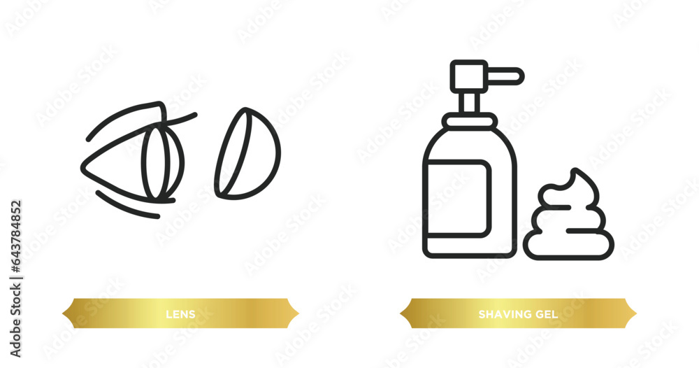 two editable outline icons from hygiene concept. thin line icons such as lens, shaving gel vector. two editable outline icons from hygiene concept. thin line icons such as lens, shaving gel vector.