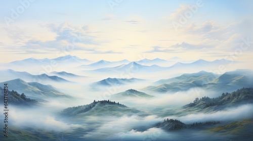  a painting of a mountain range with clouds and trees in the foreground.  generative ai © Anna