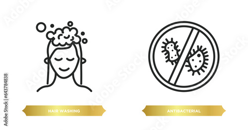 two editable outline icons from hygiene concept. thin line icons such as hair washing, antibacterial vector.