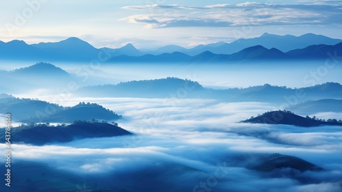  a view of a mountain range covered in fog and clouds. generative ai