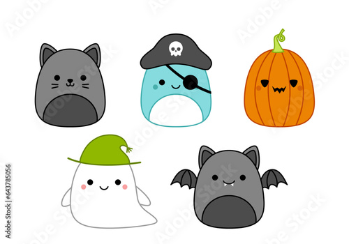 Black cat, pirate, pumpkin, ghost, bat. Squishmallow. Halloween set Cartoon kawaii vector