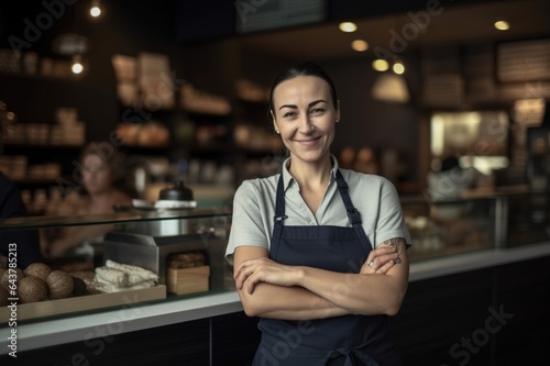 Portrait of a smiling server woman working in a bar-restaurant or club. Generative AI