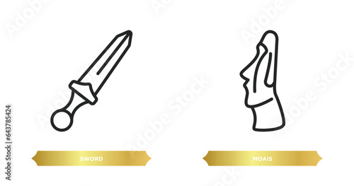 two editable outline icons from history concept. thin line icons such as sword, moais vector.