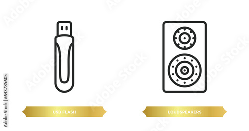 two editable outline icons from hardware concept. thin line icons such as usb flash, loudspeakers vector.
