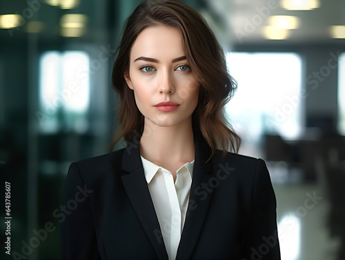Professional businesswoman in a suit standing in an office