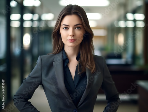 Professional businesswoman in a suit standing in an office