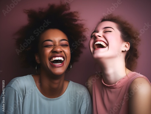 Two diverse best friends sharing laughter and enjoying each other's company in a studio