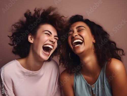 Two diverse best friends sharing laughter and enjoying each other's company in a studio