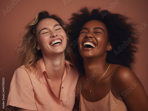 Two diverse best friends sharing laughter and enjoying each other's company in a studio