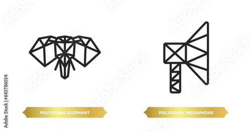 two editable outline icons from geometry concept. thin line icons such as polygonal elephant, polygonal megaphone vector.