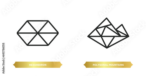 two editable outline icons from geometry concept. thin line icons such as hexahedron, polygonal mountains vector.