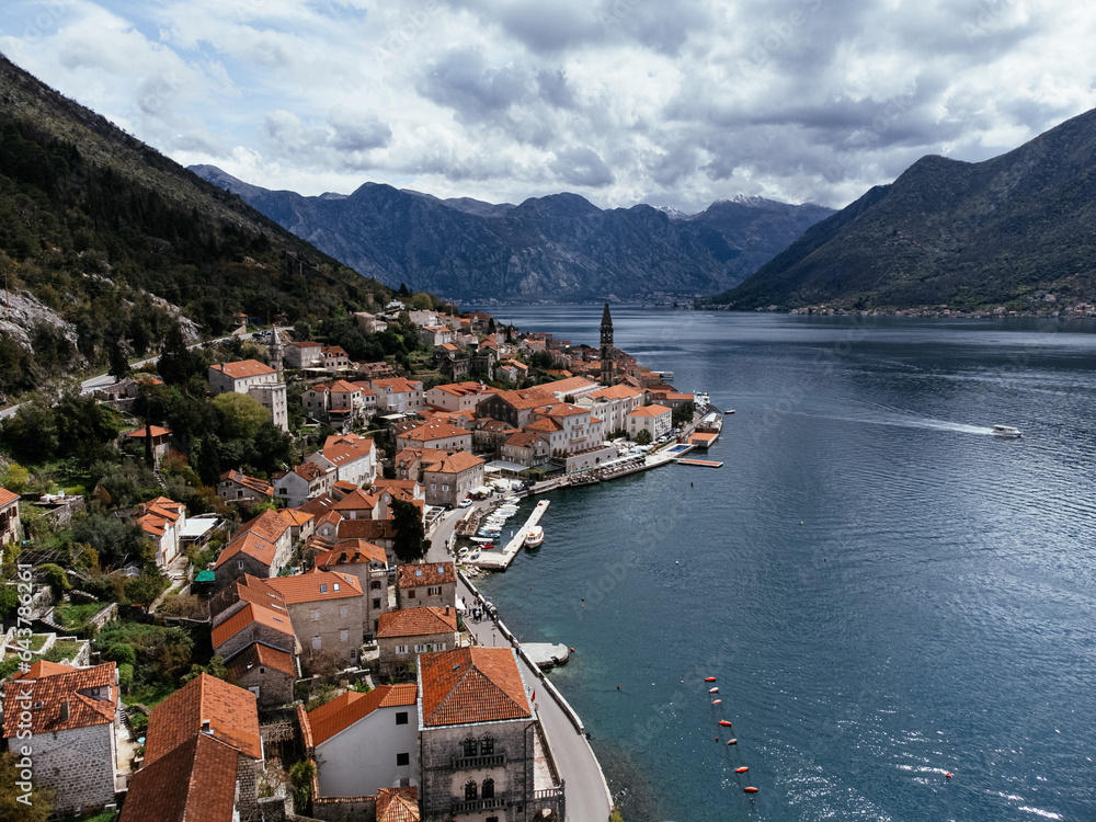 Drone view of the old town of Perast in the bay of Kotor, Montenegro.