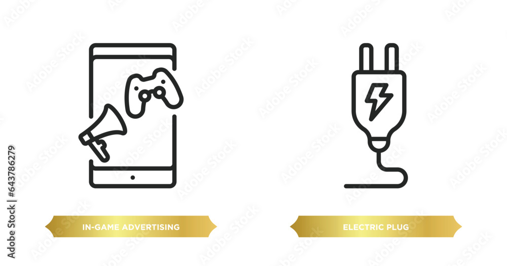 two editable outline icons from general concept. thin line icons such as in-game advertising, electric plug vector. two editable outline icons from general concept. thin line icons such as in-game advertising, electric plug vector.