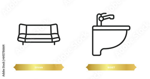 two editable outline icons from furniture & household concept. thin line icons such as divan, bidet vector.