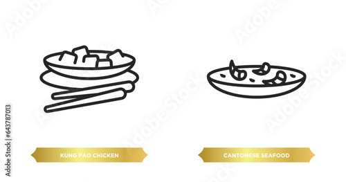 two editable outline icons from food and restaurant concept. thin line icons such as kung pao chicken, cantonese seafood soup vector.