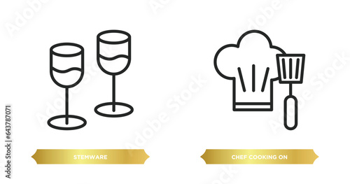 two editable outline icons from food concept. thin line icons such as stemware, chef cooking on stove vector.