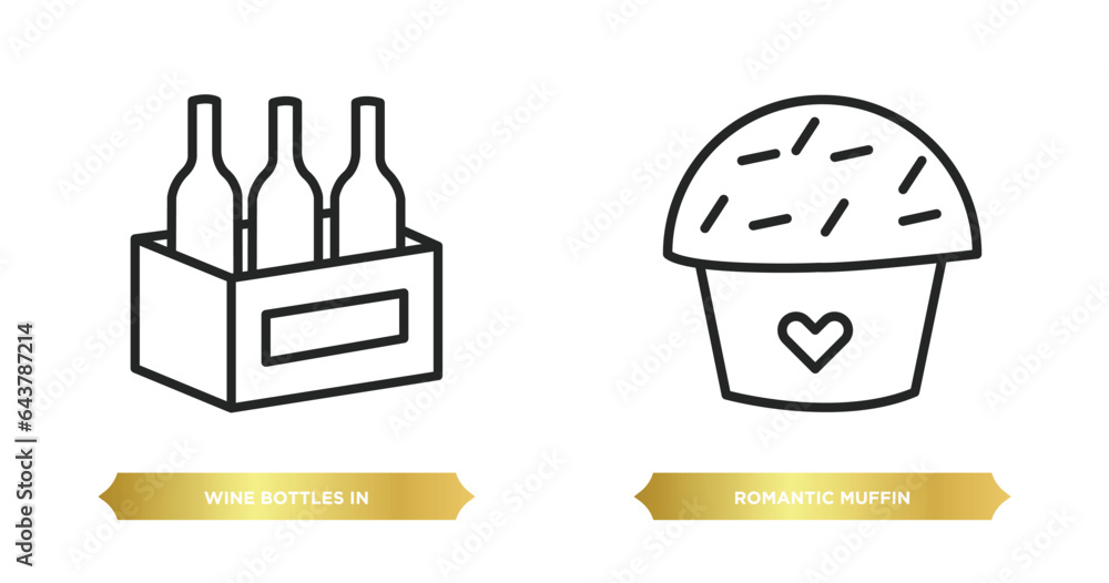 two editable outline icons from food concept. thin line icons such as wine bottles in a box, romantic muffin vector. two editable outline icons from food concept. thin line icons such as wine bottles in a box, romantic muffin vector.
