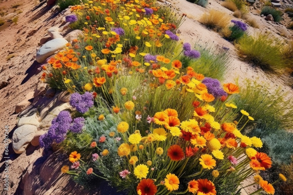aerial view of colorful desert wildflowers in bloom - obrazy, fototapety, plakaty 