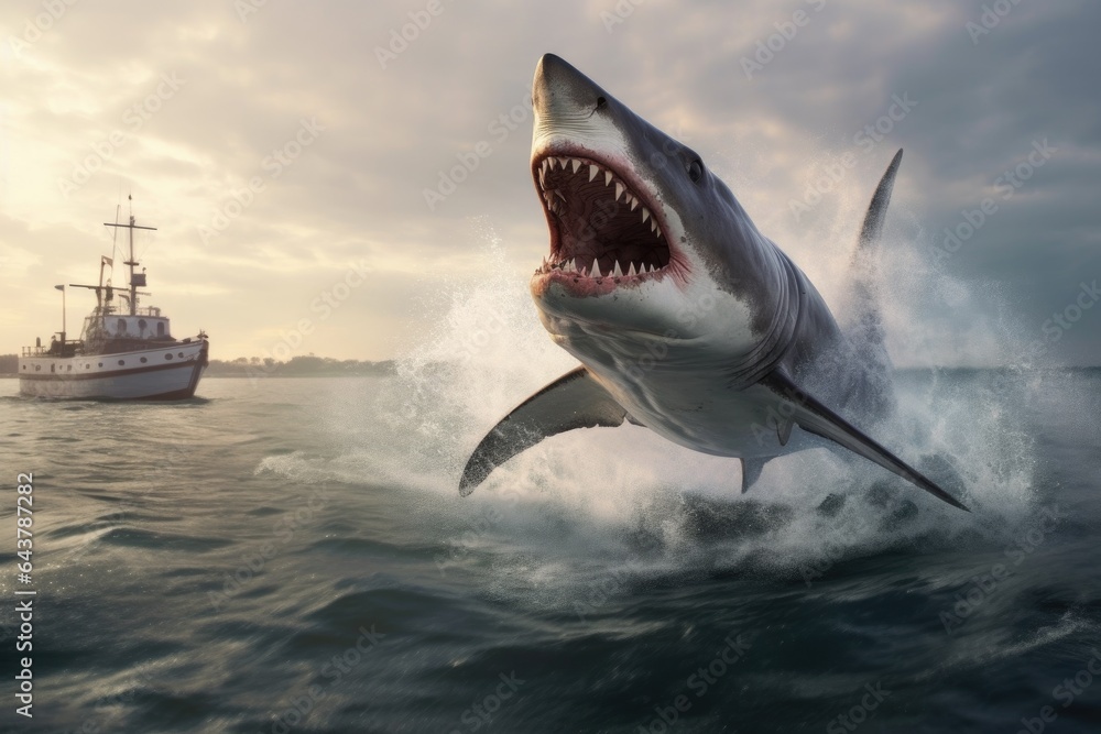 Fototapeta premium great white shark breaching water near a boat