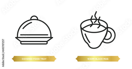two editable outline icons from food concept. thin line icons such as covered food tray, warm black mug vector.