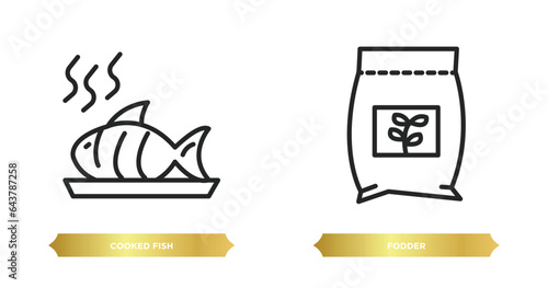 two editable outline icons from food concept. thin line icons such as cooked fish, fodder vector.