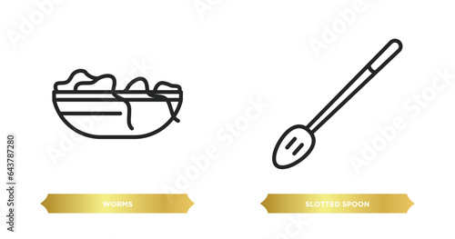 two editable outline icons from food concept. thin line icons such as worms, slotted spoon vector.