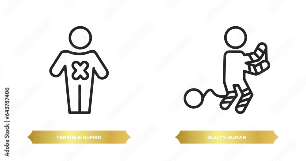 two editable outline icons from feelings concept. thin line icons such as terrible human, guilty human vector. two editable outline icons from feelings concept. thin line icons such as terrible human, guilty human vector.