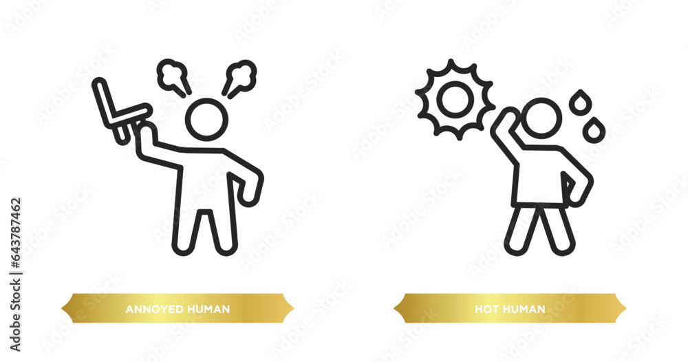two editable outline icons from feelings concept. thin line icons such as annoyed human, hot human vector. two editable outline icons from feelings concept. thin line icons such as annoyed human, hot human vector.