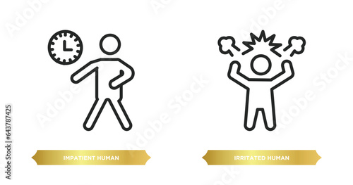 two editable outline icons from feelings concept. thin line icons such as impatient human, irritated human vector.