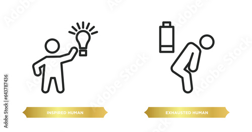 two editable outline icons from feelings concept. thin line icons such as inspired human, exhausted human vector.