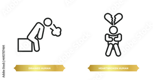 two editable outline icons from feelings concept. thin line icons such as drained human, heartbroken human vector.