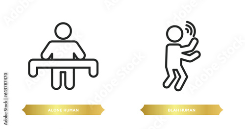 two editable outline icons from feelings concept. thin line icons such as alone human, blah human vector.