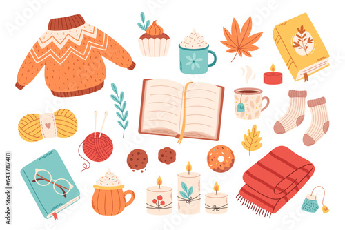 Autumn set of cute and cozy design elements. Fall mood, hygge mood-boosting things. Vector illustration in flat style