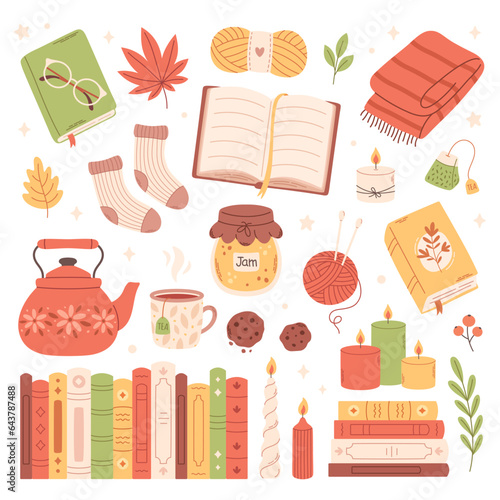 Autumn set of cute and cozy design elements. Fall mood, hygge mood-boosting things. Vector illustration in flat style