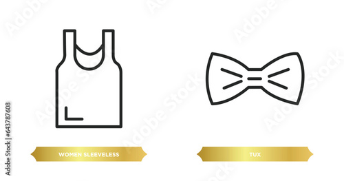 two editable outline icons from fashion concept. thin line icons such as women sleeveless shirt, tux vector.
