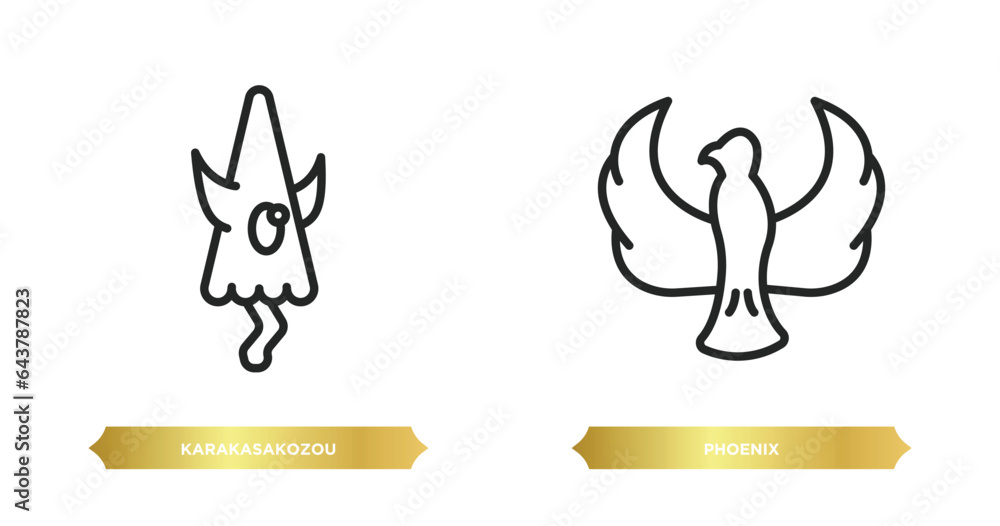 two editable outline icons from fairy tale concept. thin line icons such as karakasakozou, phoenix vector. two editable outline icons from fairy tale concept. thin line icons such as karakasakozou, phoenix vector.