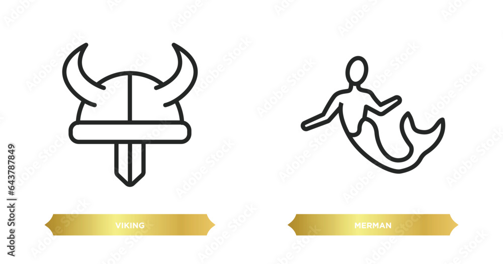 two editable outline icons from fairy tale concept. thin line icons such as viking, merman vector. two editable outline icons from fairy tale concept. thin line icons such as viking, merman vector.