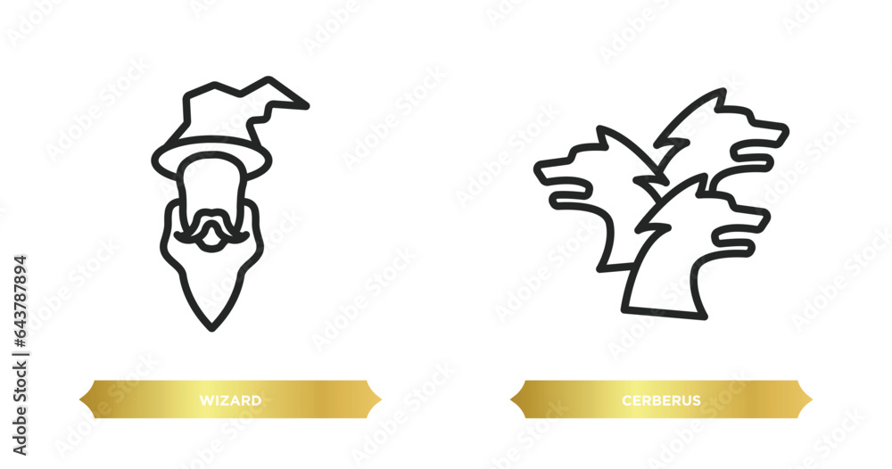 two editable outline icons from fairy tale concept. thin line icons such as wizard, cerberus vector.