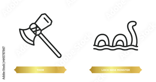 two editable outline icons from fairy tale concept. thin line icons such as thor, loch ness monster vector.