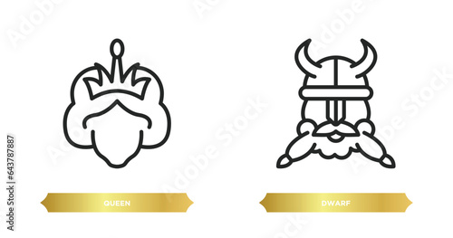 two editable outline icons from fairy tale concept. thin line icons such as queen, dwarf vector.