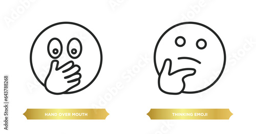 two editable outline icons from emoji concept. thin line icons such as hand over mouth emoji, thinking emoji vector.