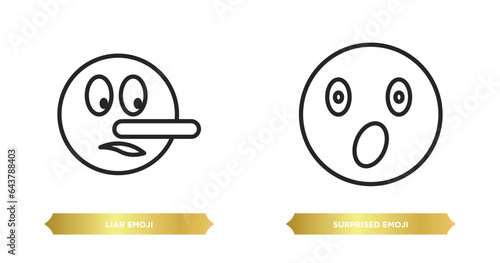 two editable outline icons from emoji concept. thin line icons such as liar emoji, surprised emoji vector.